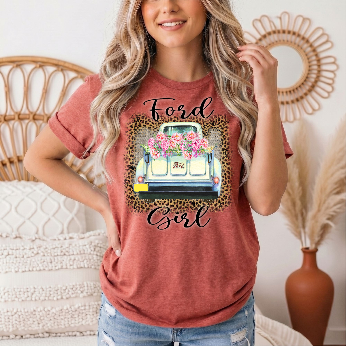 Ford Girl Floral Vintage Truck & Leopard Graphic Tee