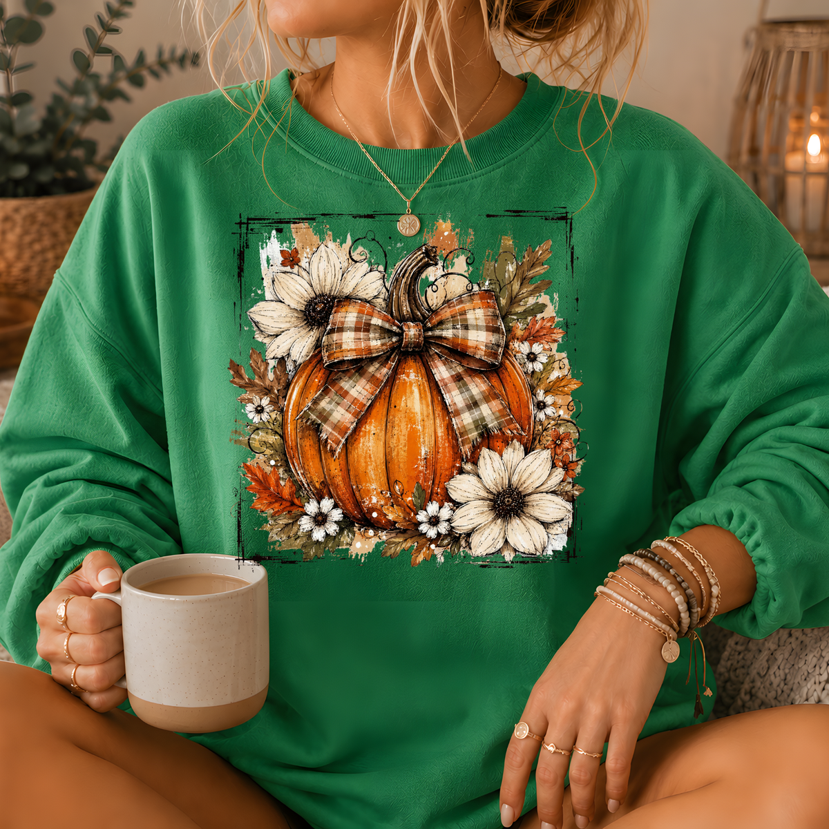 Pumpkin Plaid Bow Floral Crewneck Sweatshirt