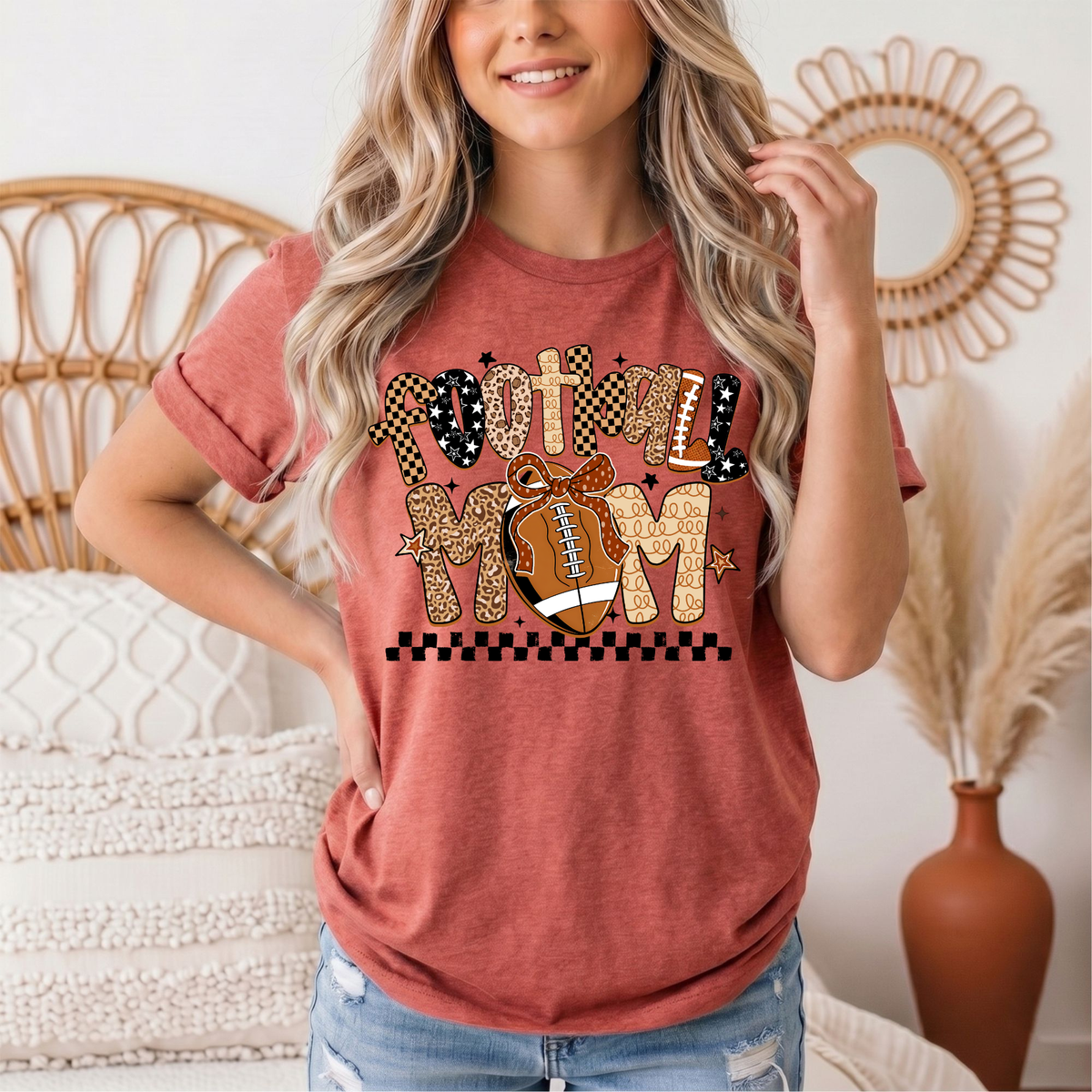 Football Mom Mixed Print Bow & Checkerboard Graphic Tee