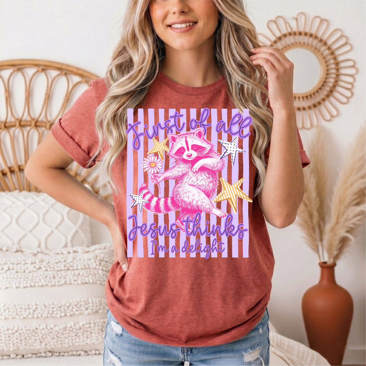 Jesus Thinks I'm a Delight Pink Raccoon Graphic Tee