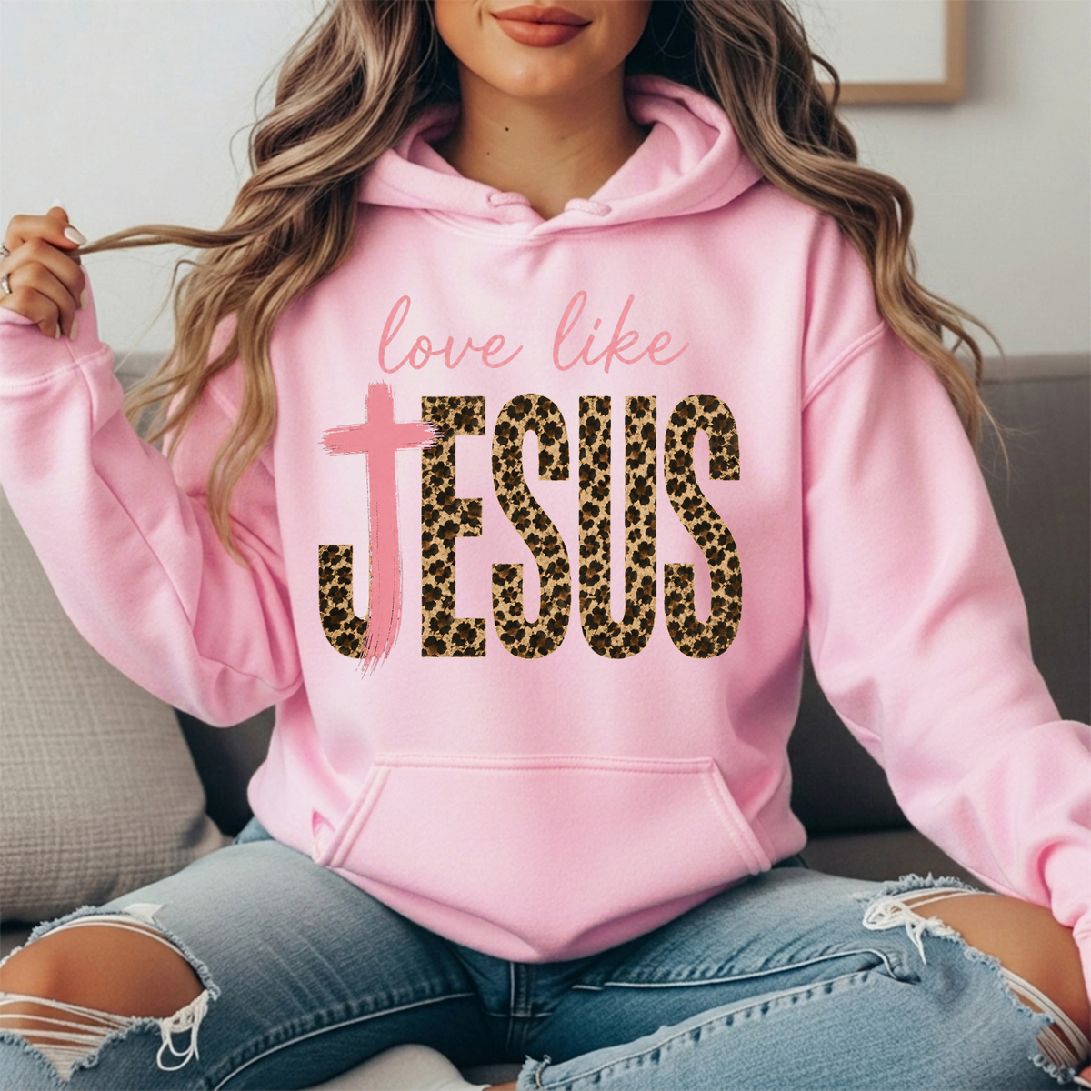 Love Like Jesus Leopard Print Cross Graphic Hoodie