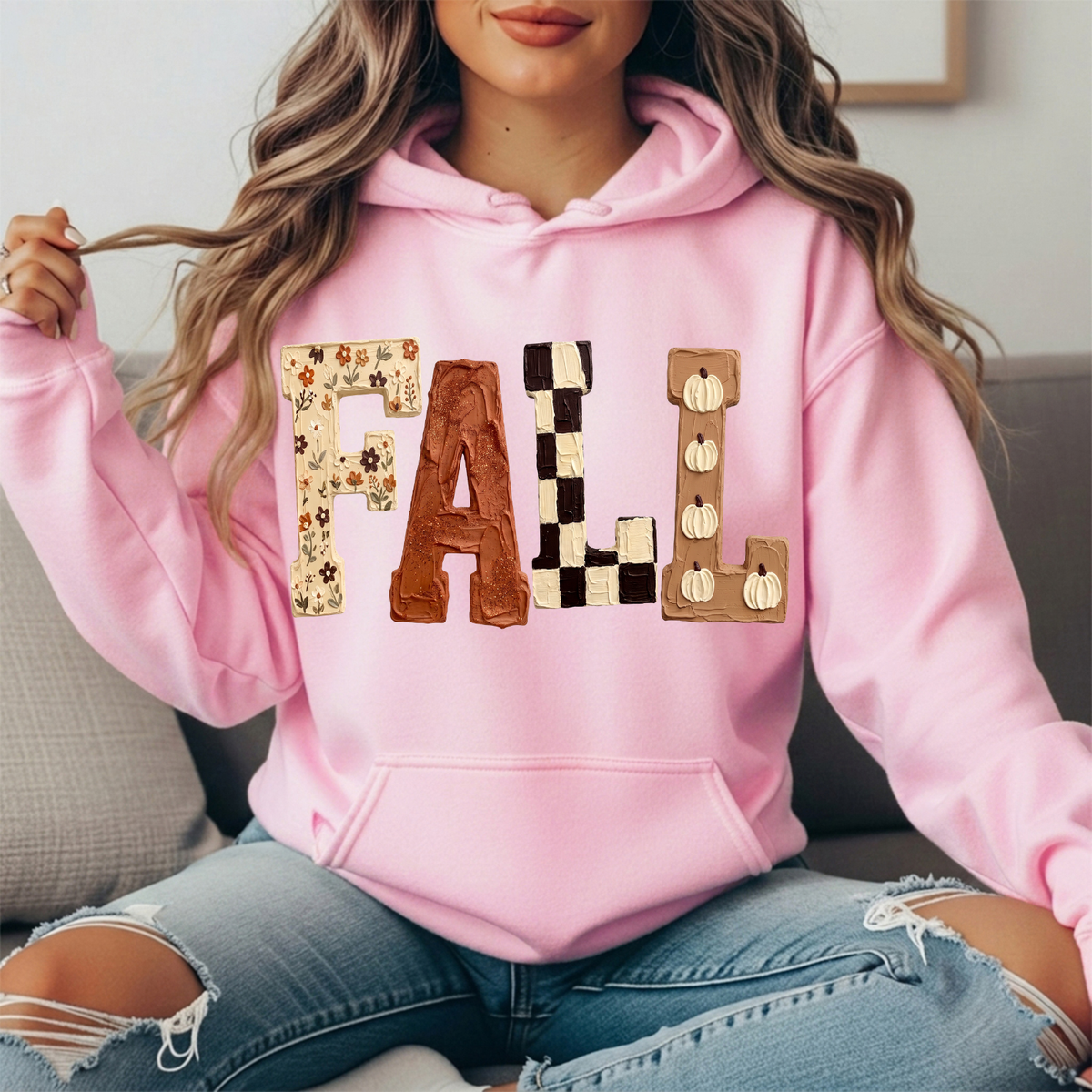 Fall Floral Checkerboard Pumpkin Lettering Graphic Hoodie