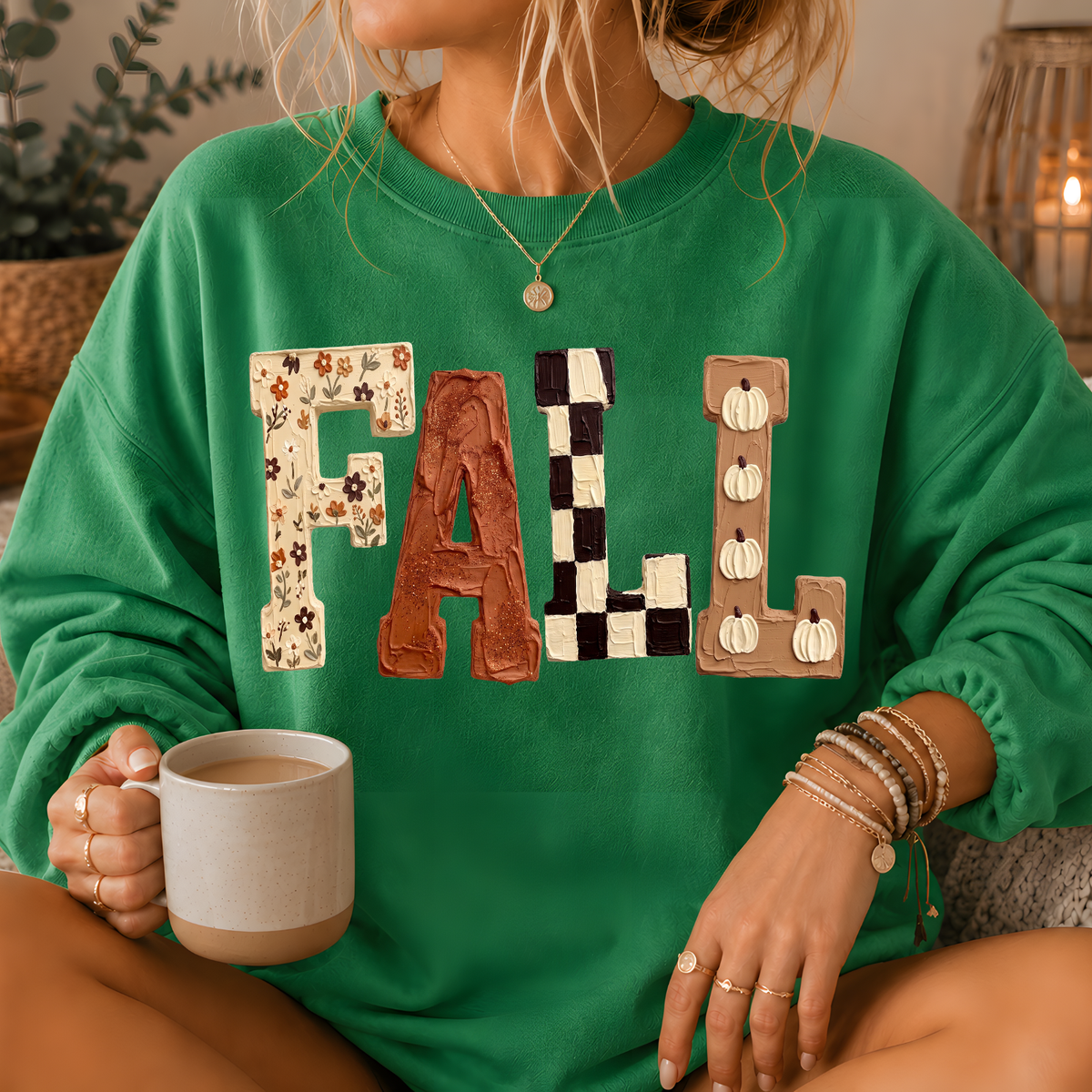 Fall Patchwork Print Crewneck Sweatshirt