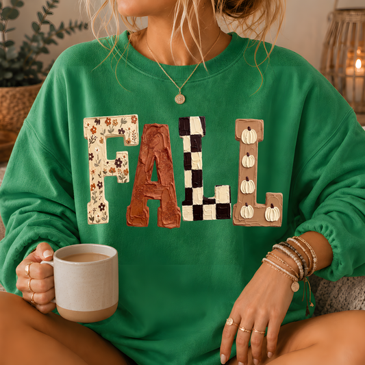 Fall Patchwork Print Crewneck Sweatshirt