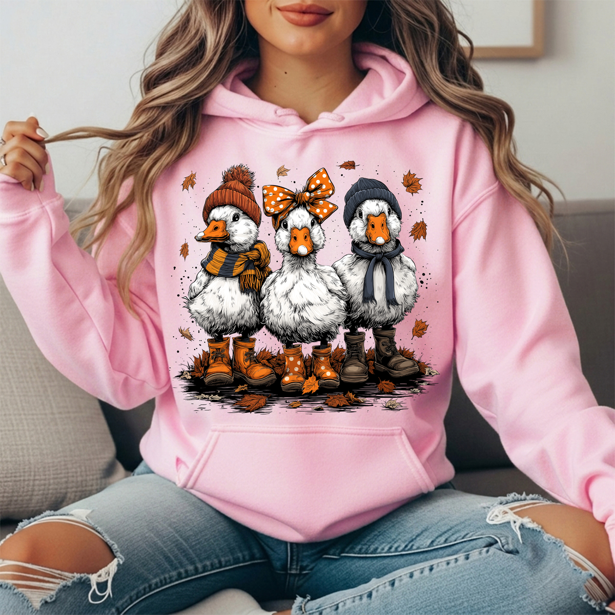 Fall Ducks in Boots & Orange Bow Graphic Hoodie