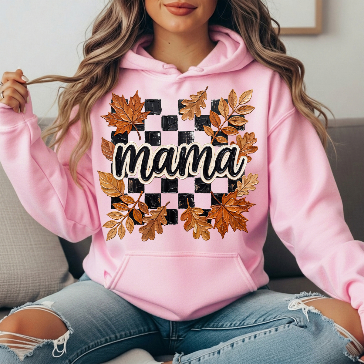 Mama Fall Leaves Checkerboard Graphic Hoodie