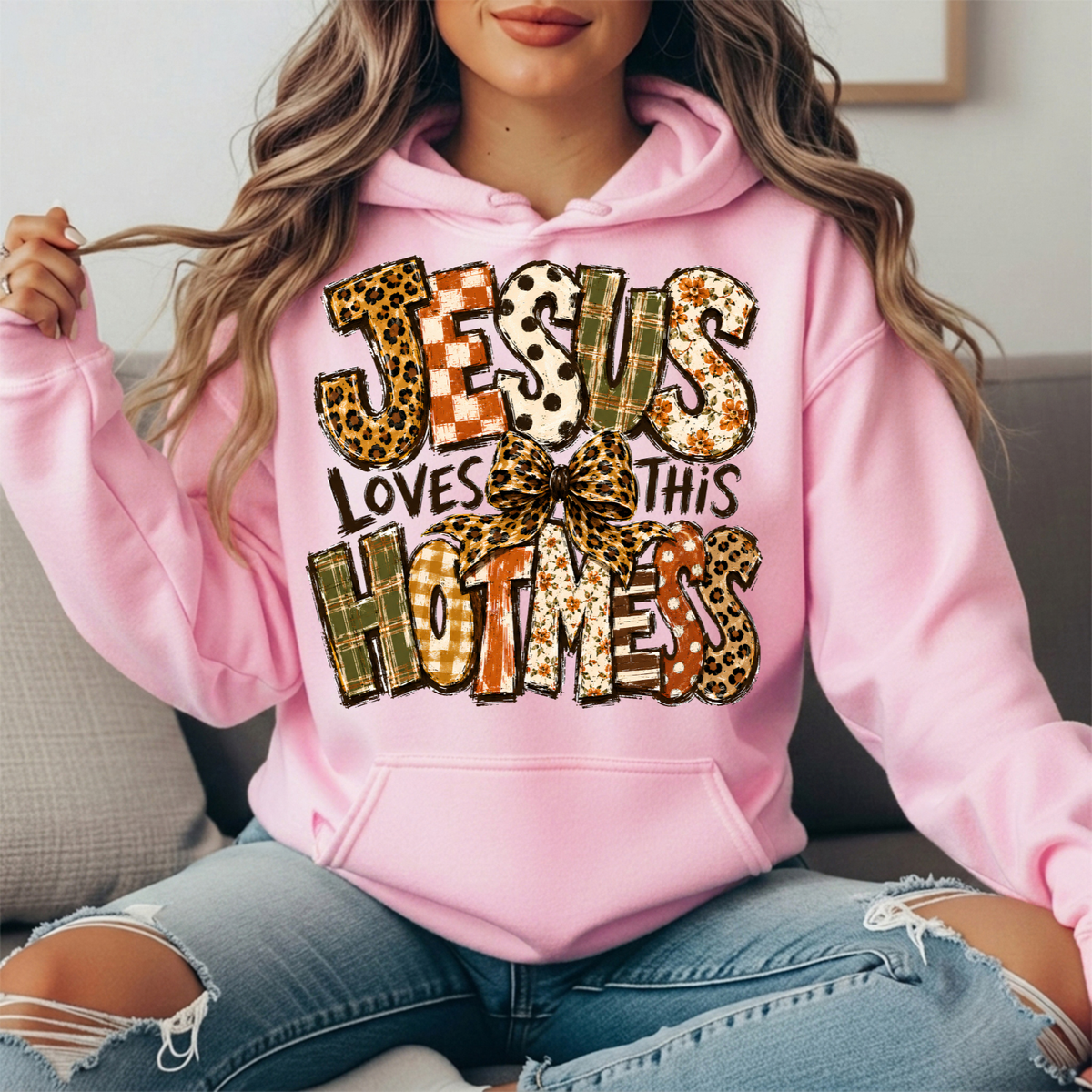 Jesus Loves This Hot Mess Leopard Bow Graphic Hoodie