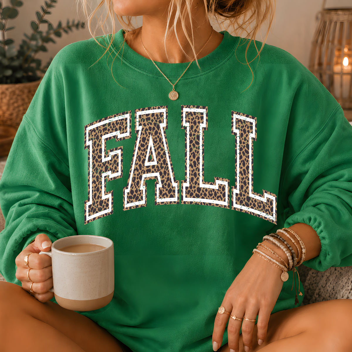 Fall Leopard Print Varsity Crewneck Sweatshirt