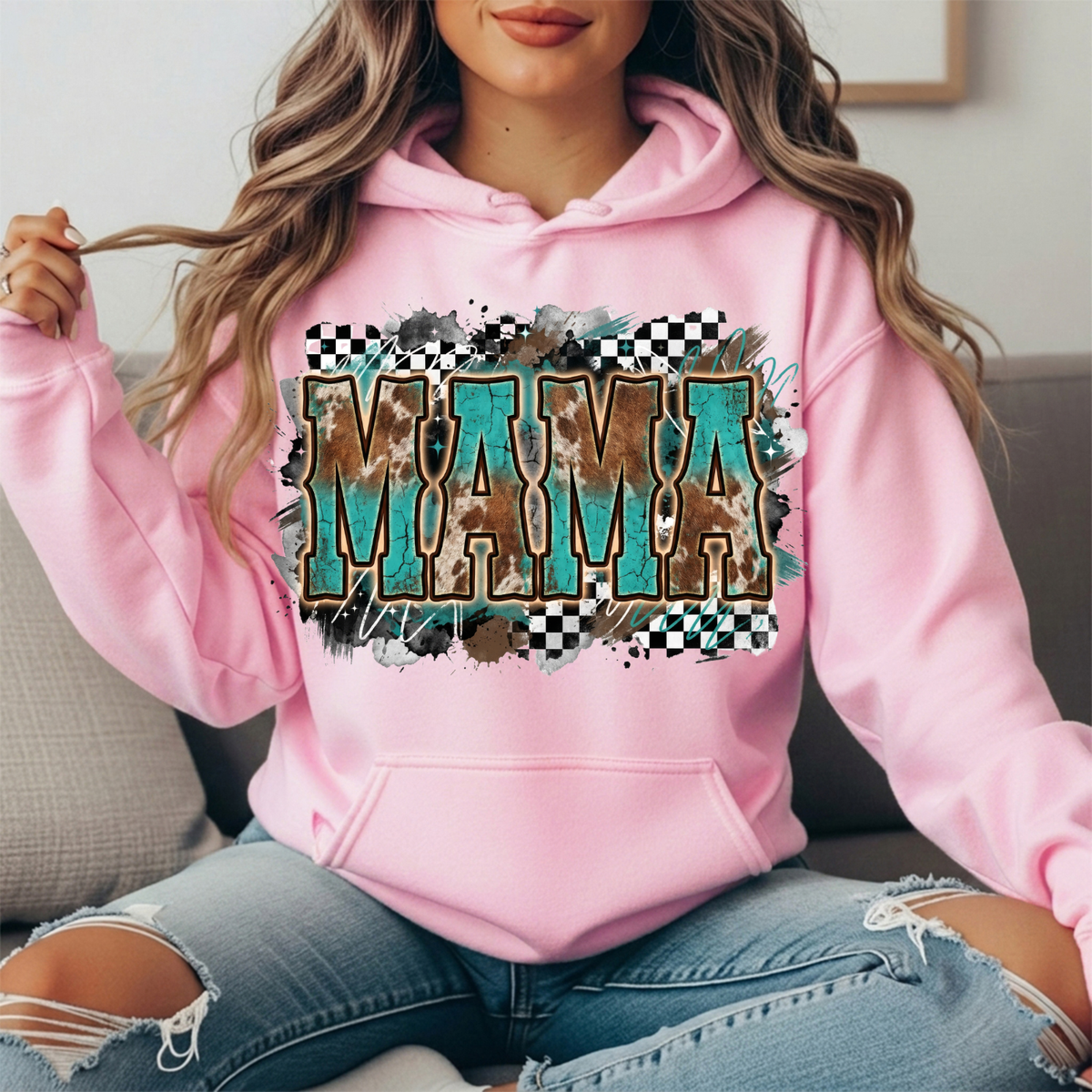 Turquoise Cowhide Mama Western Graphic Hoodie