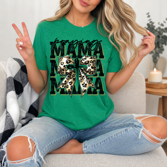Praying Mama Leopard Bow & Cross Graphic Tee