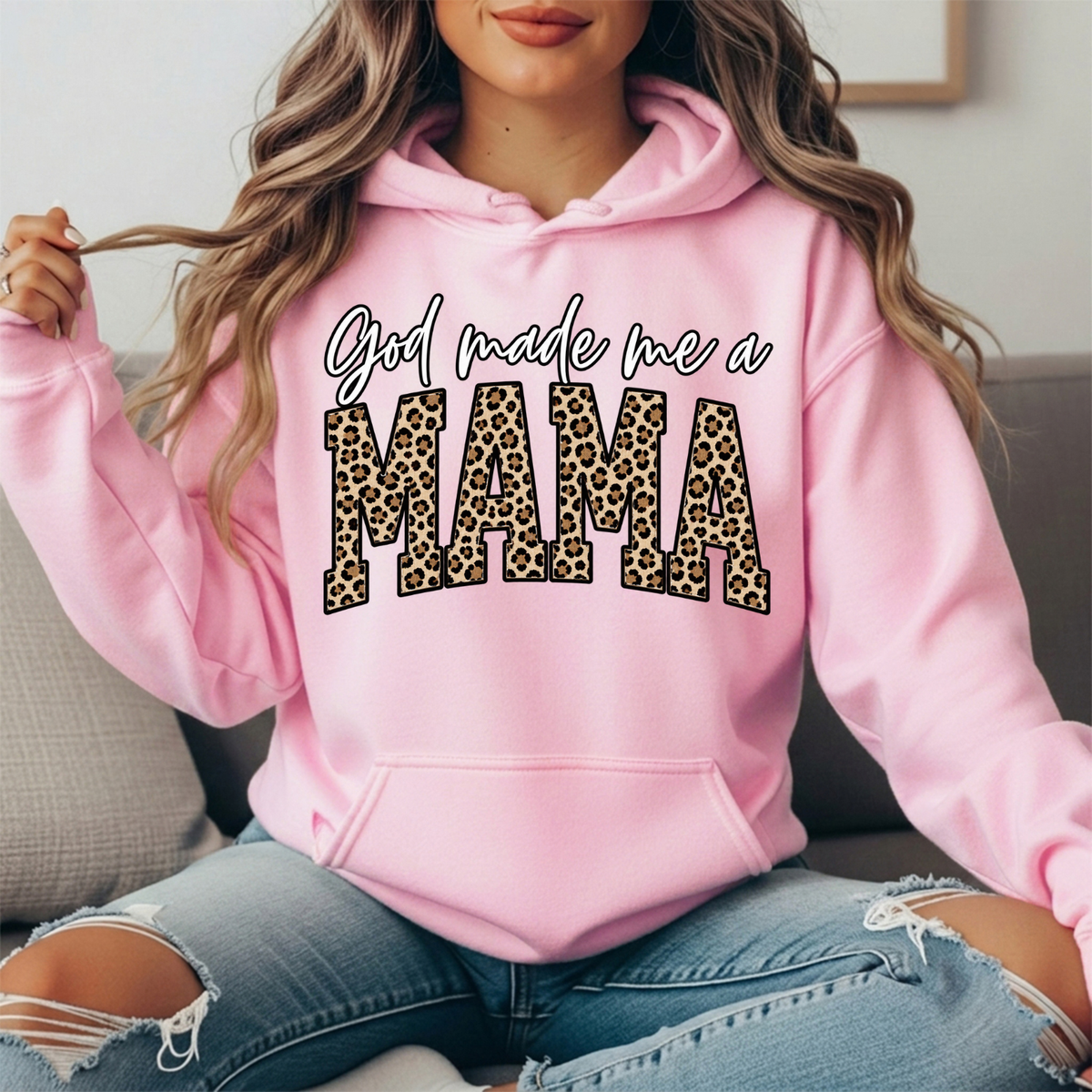God Made Me a Mama Leopard Print Graphic Hoodie
