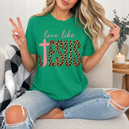 Love Like Jesus Leopard Print & Pink Cross Graphic Tee