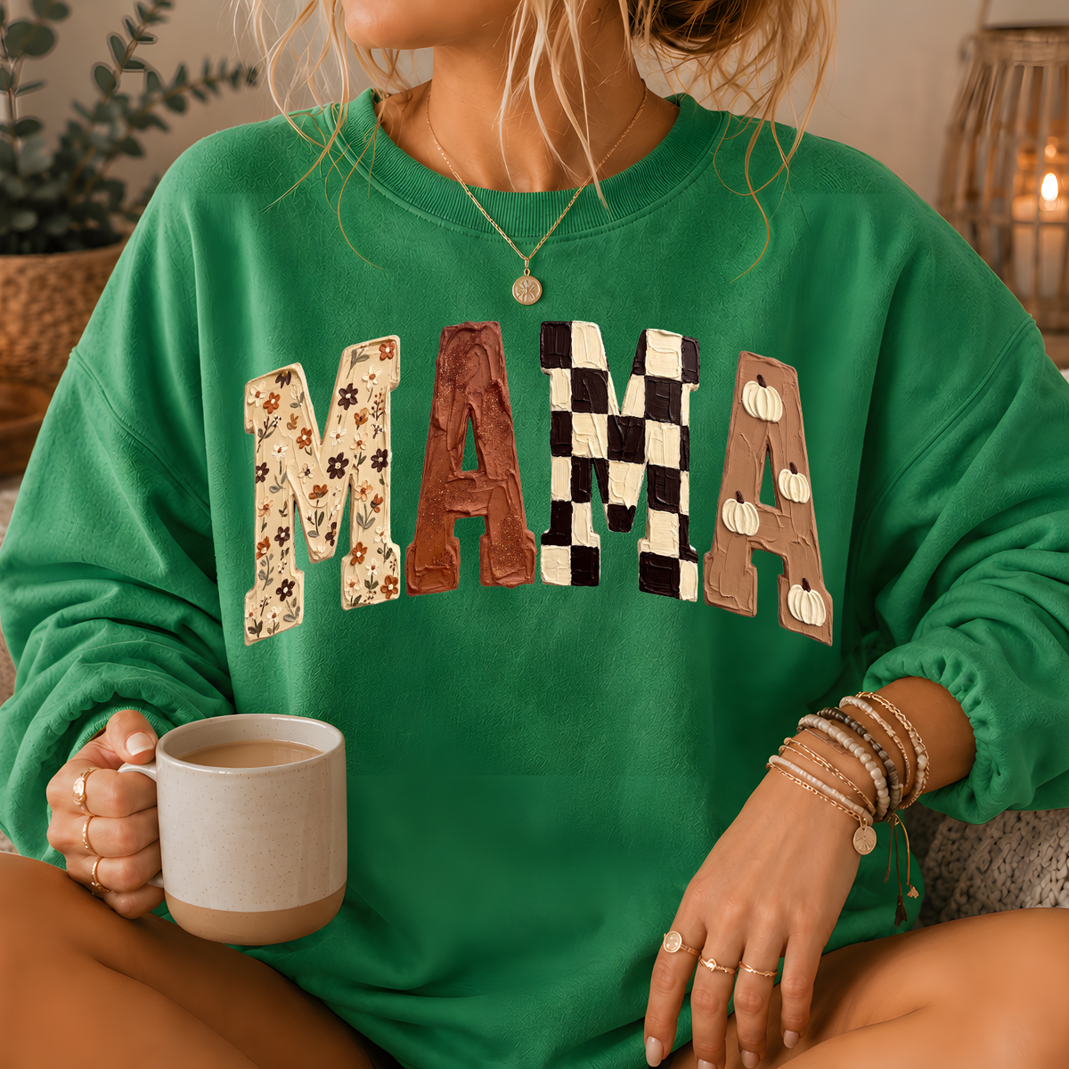 Mama Fall Patchwork Print Crewneck Sweatshirt