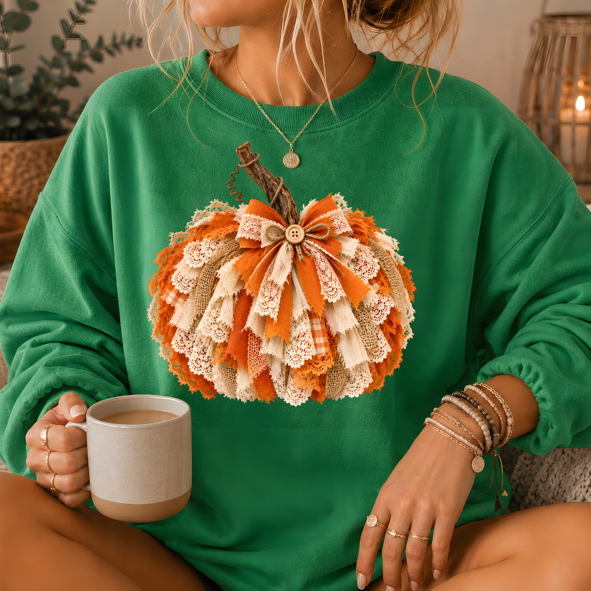 Rustic Lace & Burlap Pumpkin Graphic Crewneck Sweatshirt
