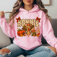 Nonnie Thanksgiving Patchwork Turkey Bow Graphic Hoodie