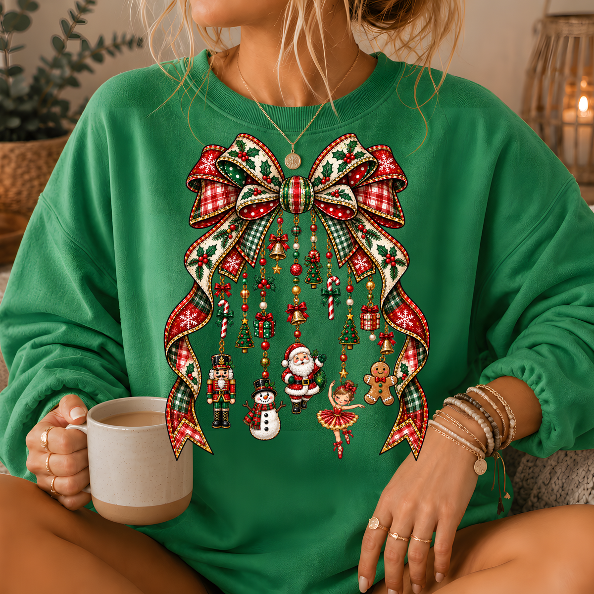 Christmas Plaid Bow Holiday Charms Crewneck Sweatshirt