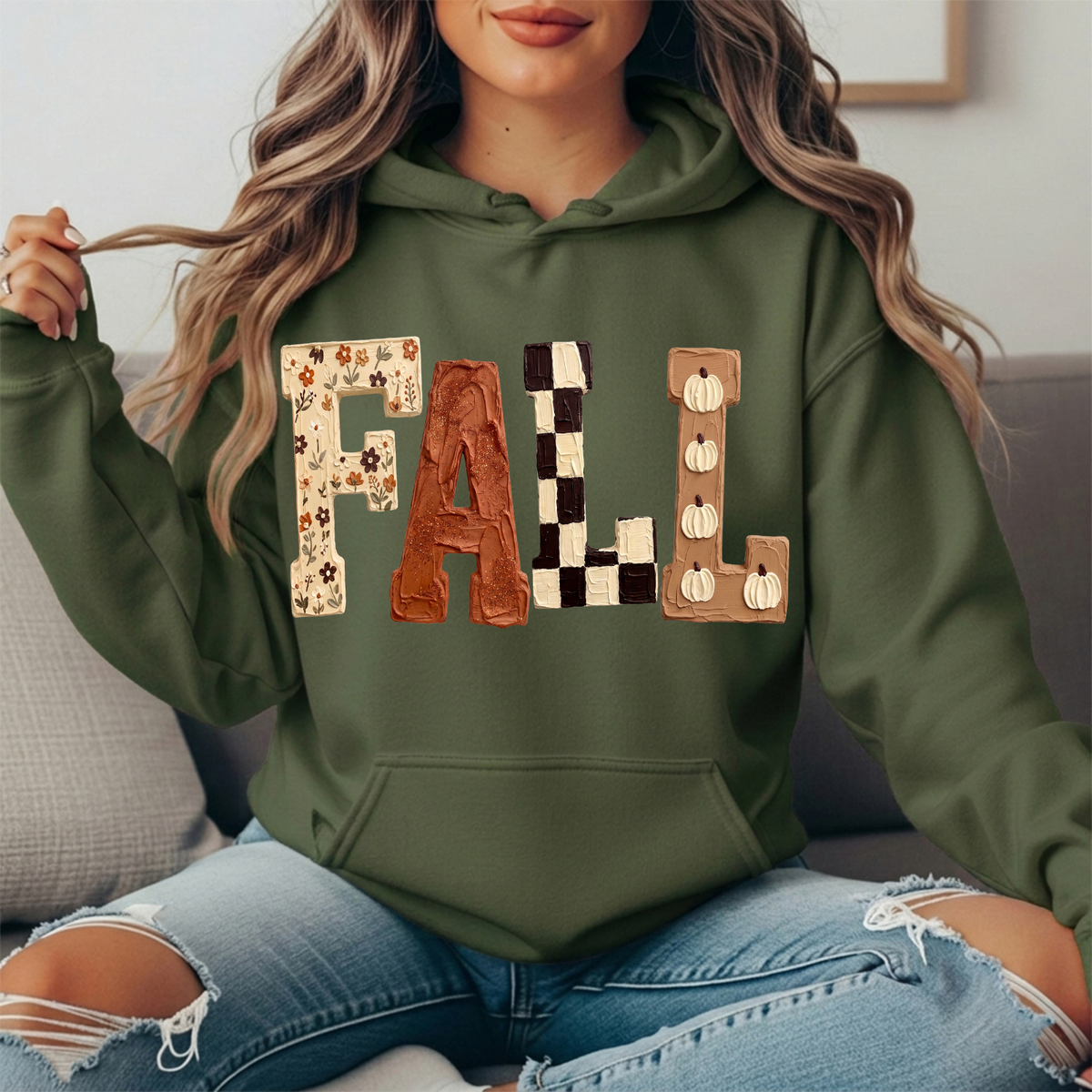 Fall Floral Checkerboard Pumpkin Lettering Graphic Hoodie