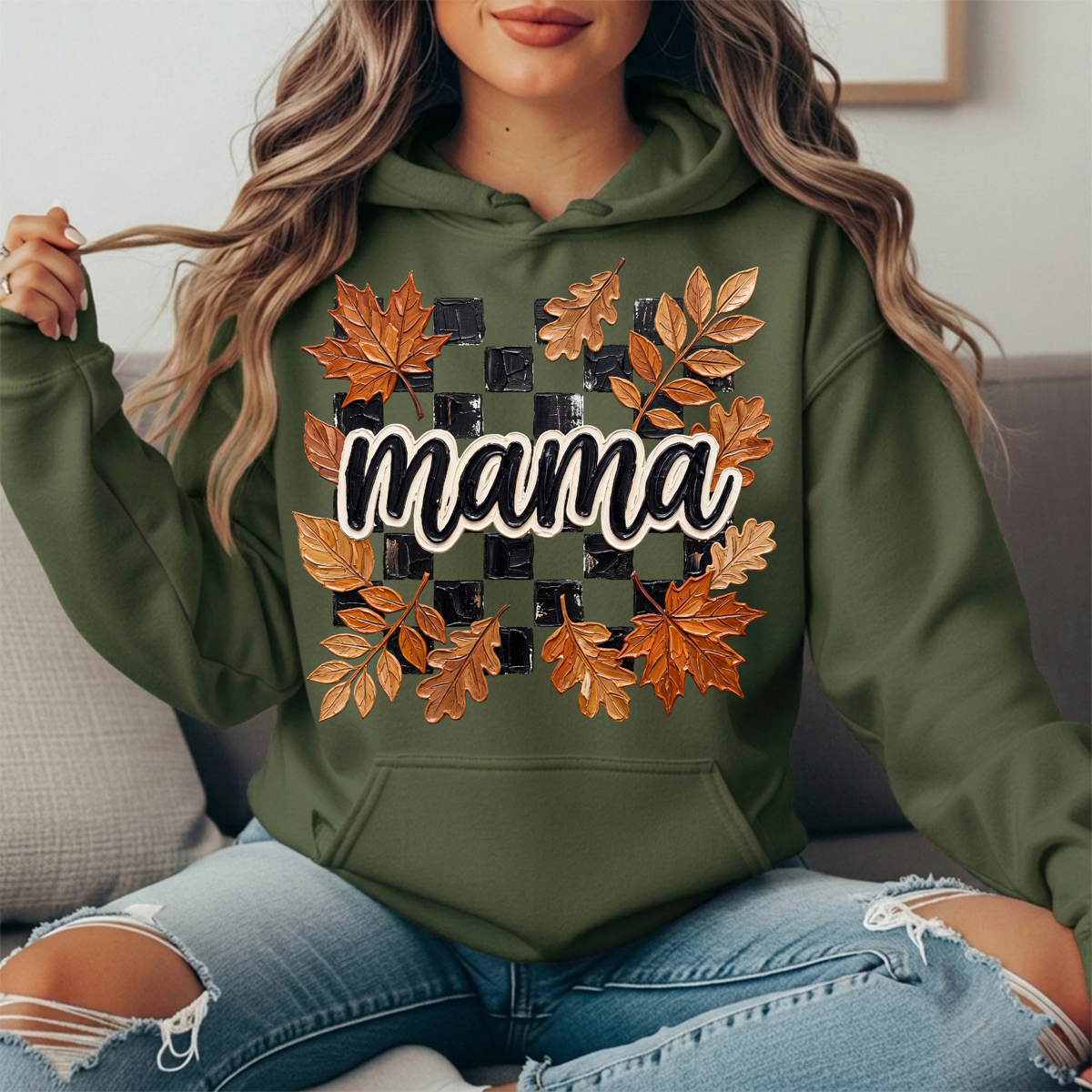 Mama Fall Leaves Checkerboard Graphic Hoodie