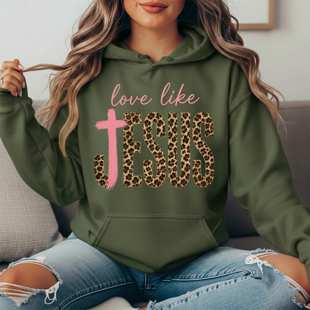 Love Like Jesus Leopard Print Cross Graphic Hoodie