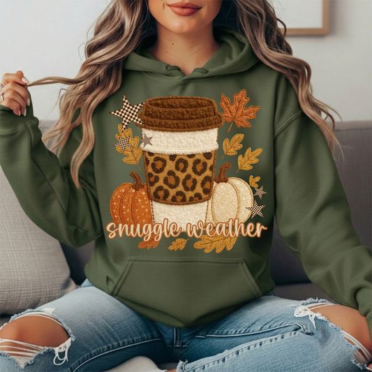 Snuggle Weather Faux Embroidery Coffee Hoodie Sweatshirt