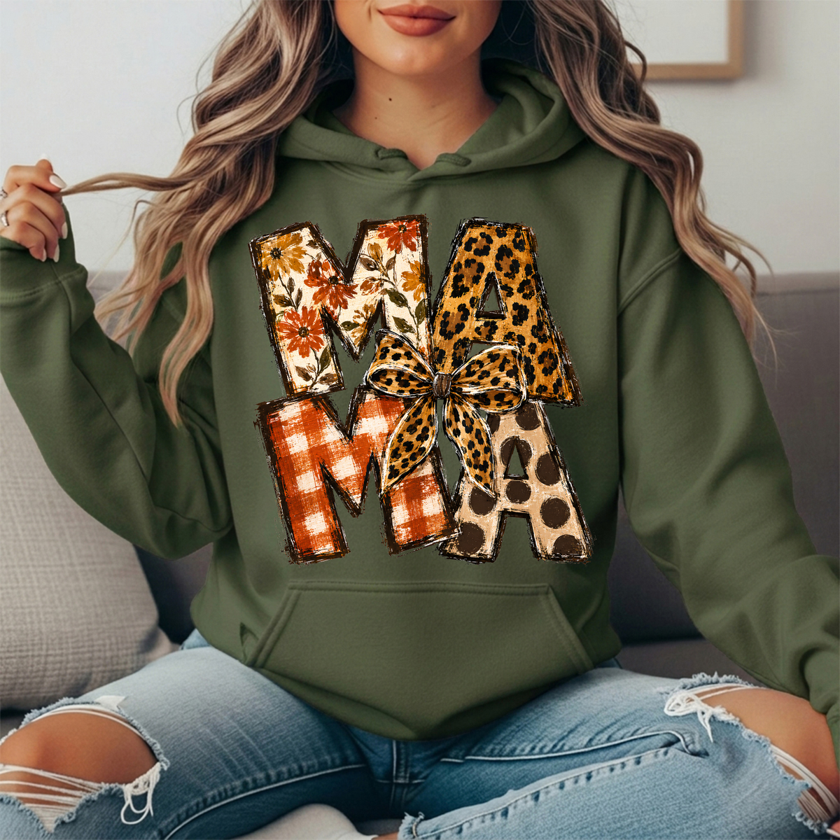 Mama Fall Patchwork & Leopard Bow Graphic Hoodie