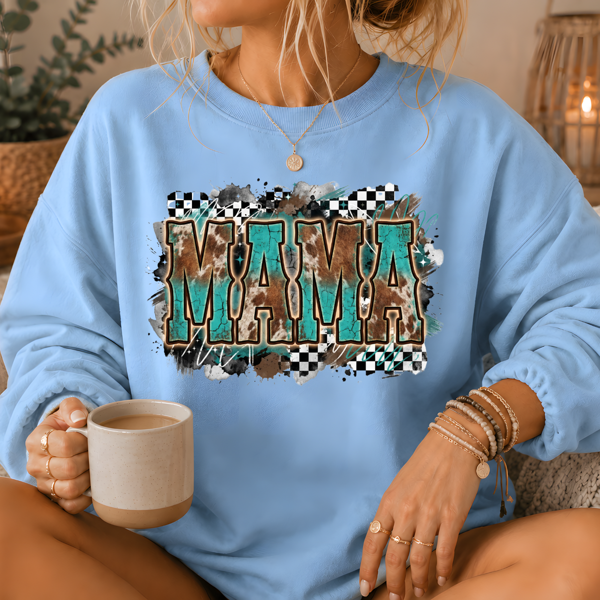 Mama Turquoise Cow Print Western Crewneck Sweatshirt