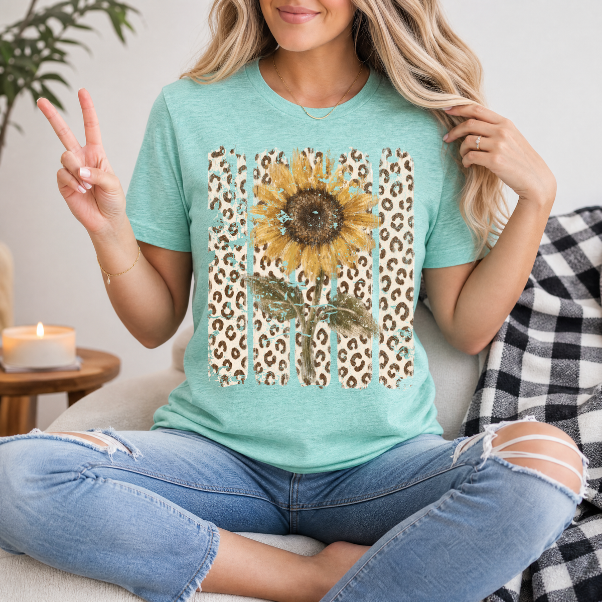 Distressed Sunflower & Leopard Print Graphic Tee