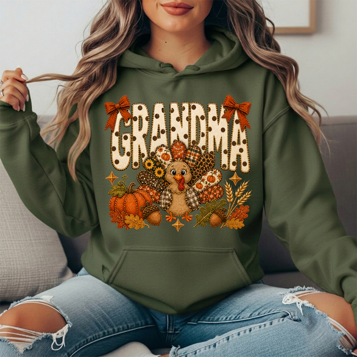 Grandma Thanksgiving Patchwork Turkey Bow Graphic Hoodie