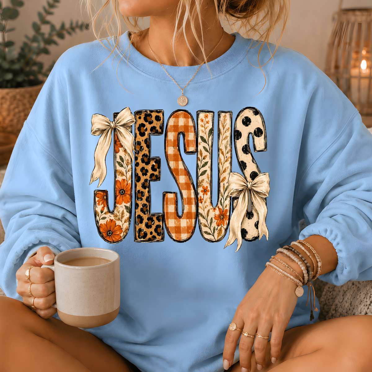 Jesus Mixed Print Bow Crewneck Sweatshirt