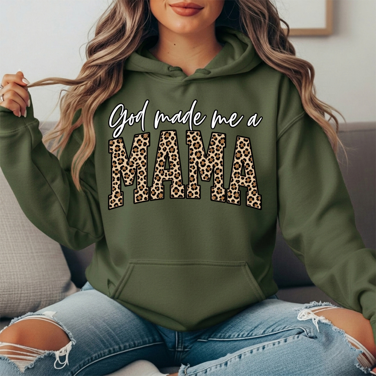 God Made Me a Mama Leopard Print Graphic Hoodie