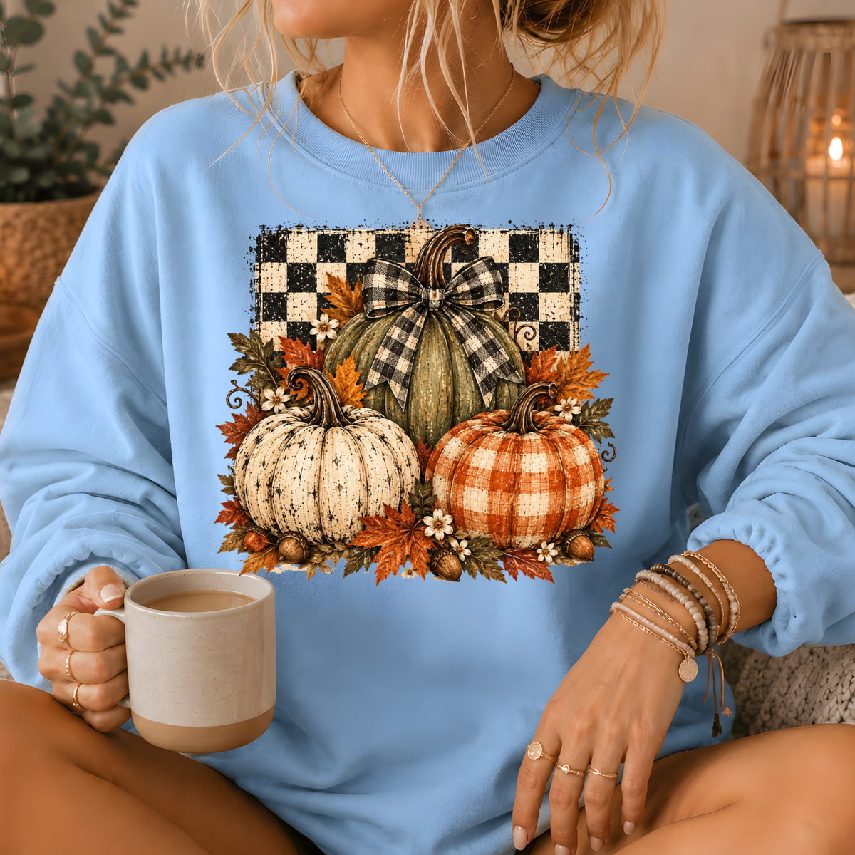 Pumpkin Plaid Bow Floral Crewneck Sweatshirt