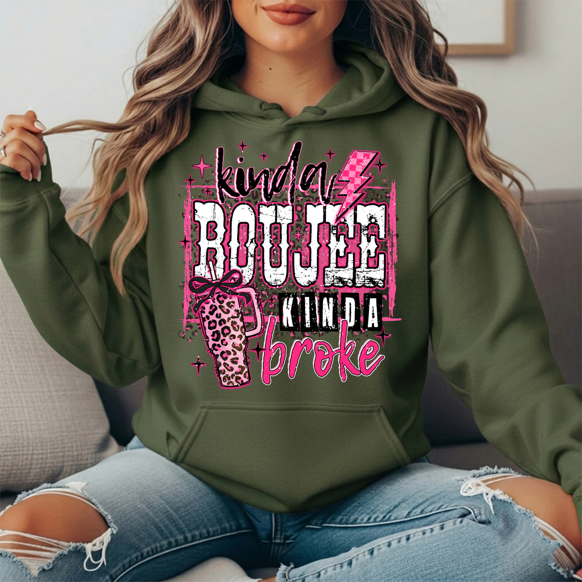 Kinda Boujee Kinda Broke Pink Leopard Graphic Hoodie