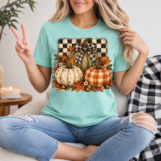 Rustic Fall Pumpkin Trio & Gingham Bow Graphic Tee