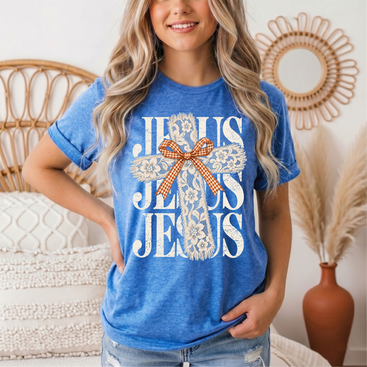 Jesus Lace Cross & Gingham Bow Christian Graphic Tee