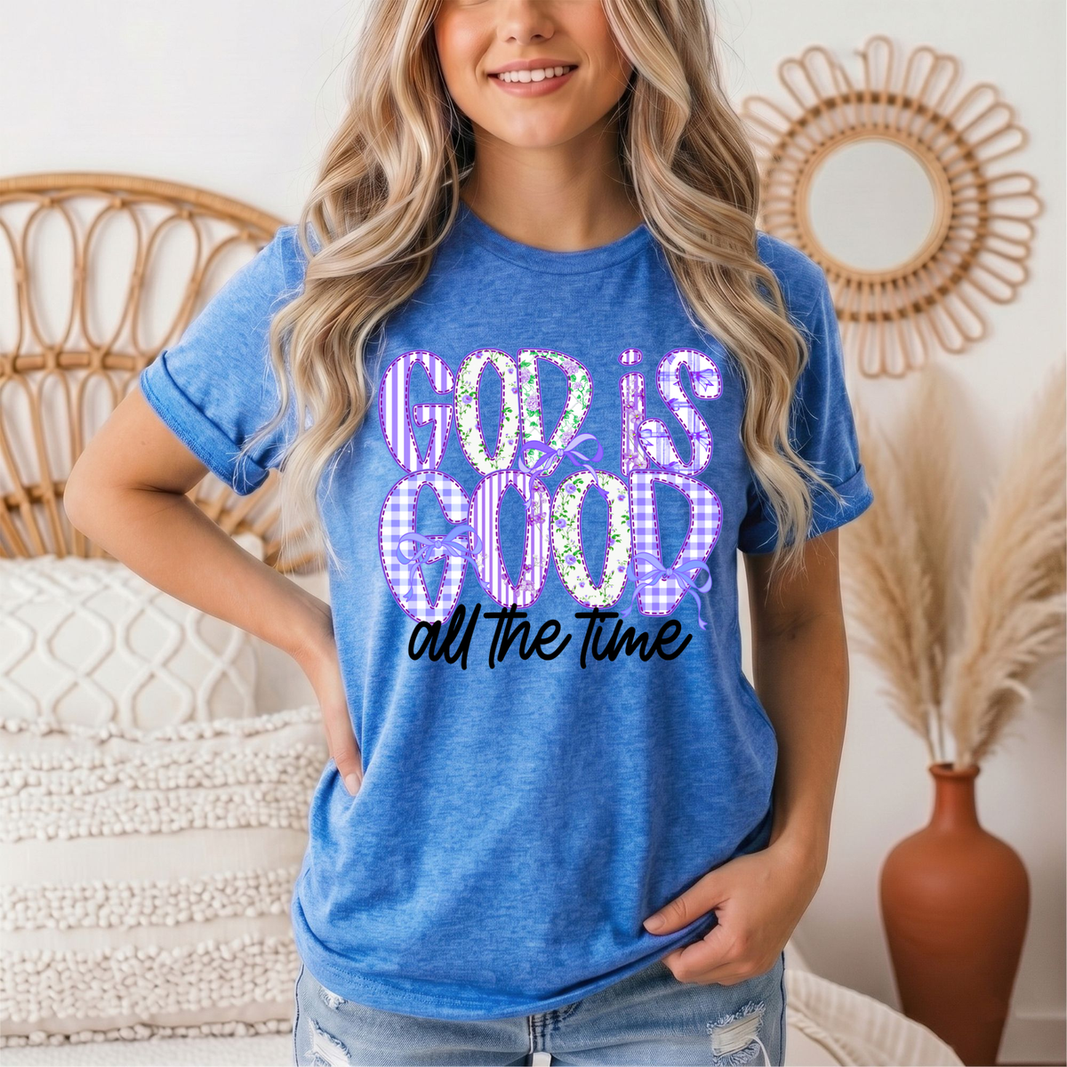God Is Good All the Time Purple Bow Graphic Tee