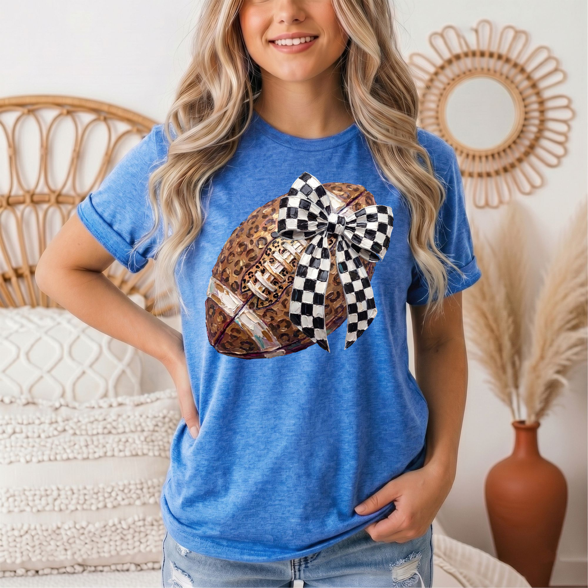 Leopard Football & Checkerboard Bow Graphic Tee