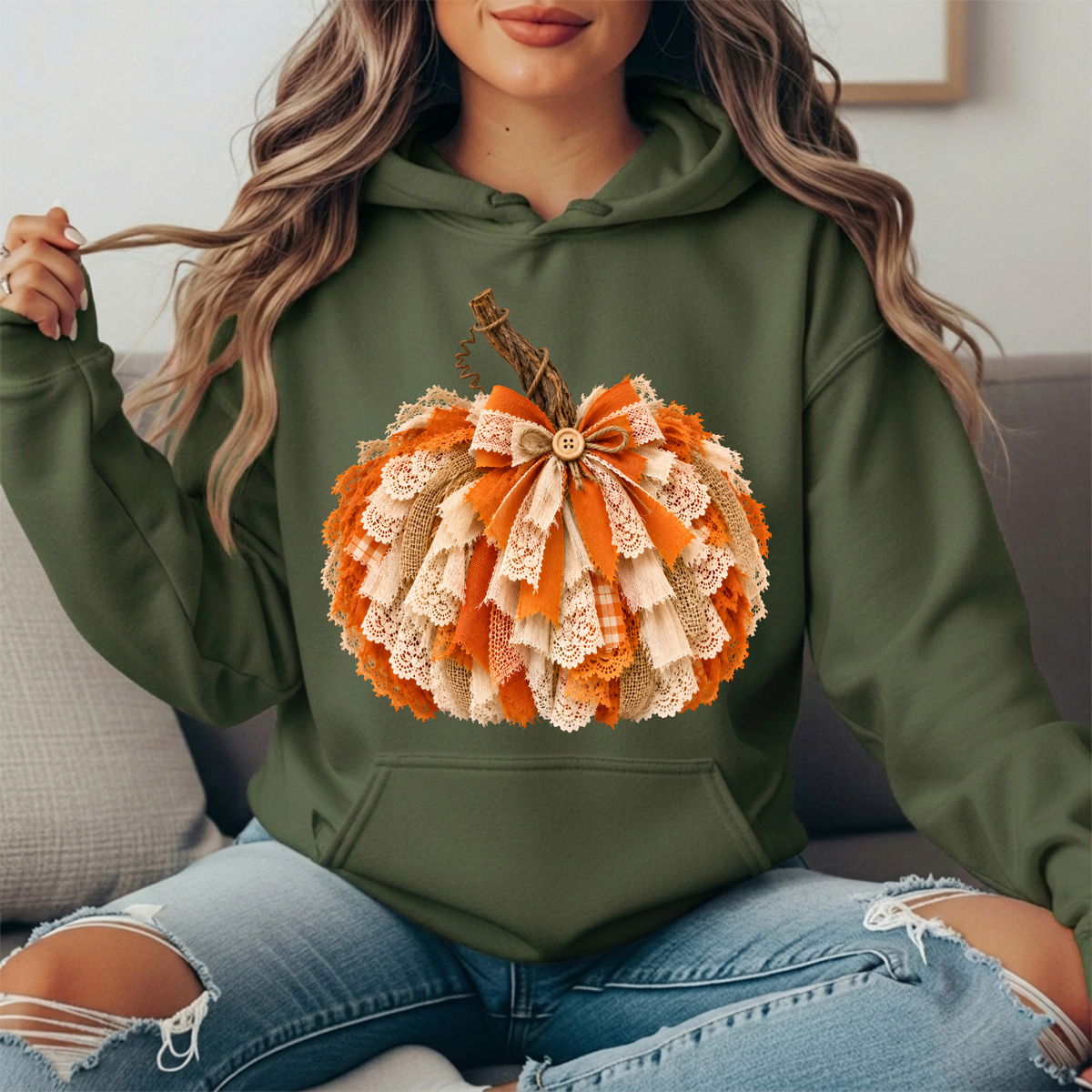 Rustic Lace & Burlap Pumpkin Graphic Hoodie