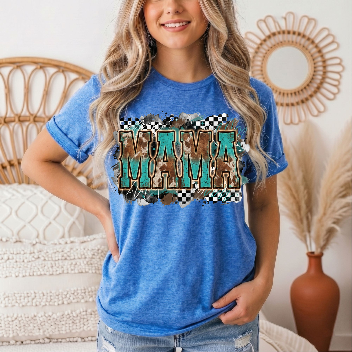 Turquoise & Cow Print Mama Western Graphic Tee