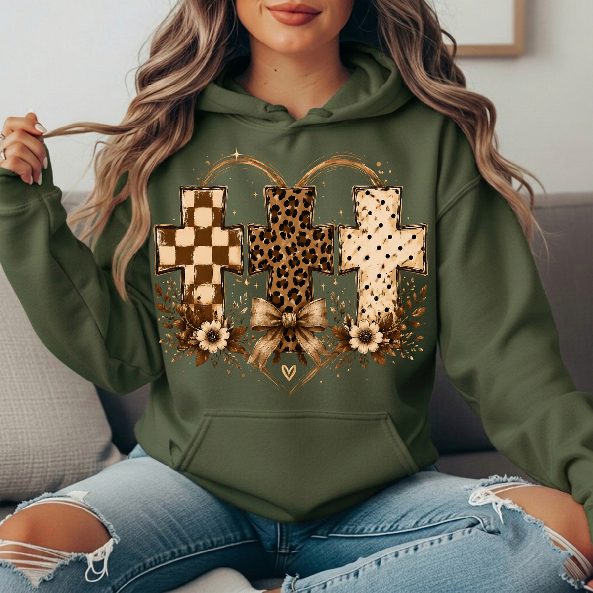 Three Crosses Leopard Floral Bow Graphic Hoodie