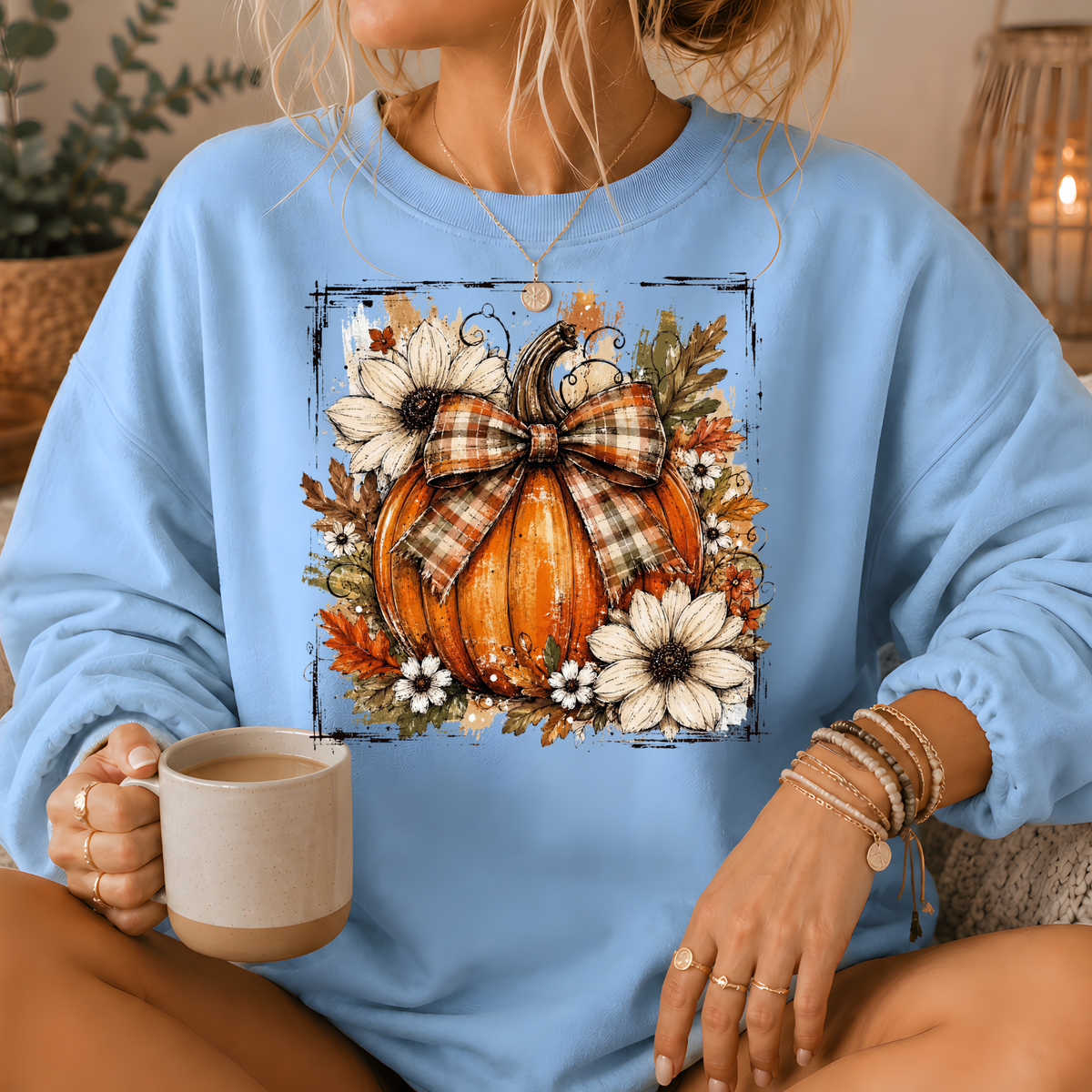 Pumpkin Plaid Bow Floral Crewneck Sweatshirt