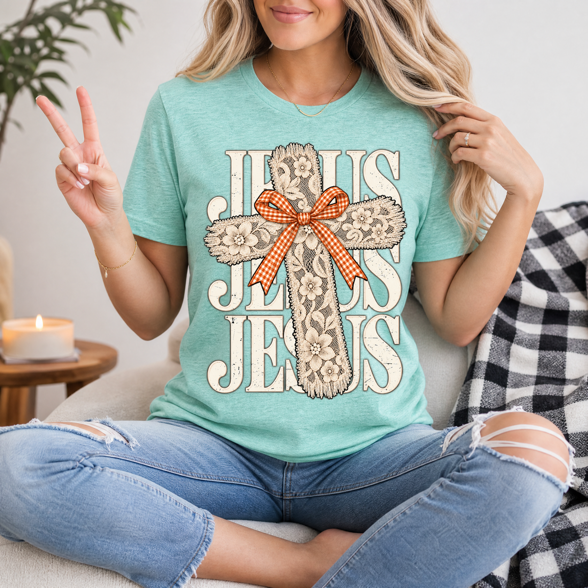 Jesus Lace Cross & Gingham Bow Christian Graphic Tee