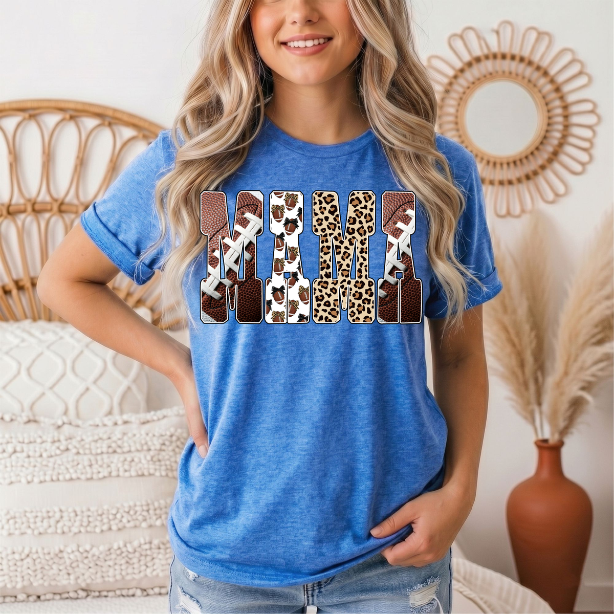 Mama Football & Leopard Mixed Print Graphic Tee