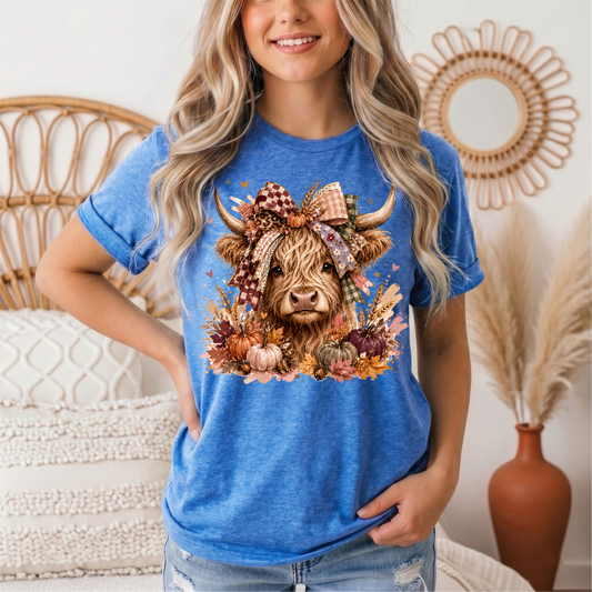 Fall Highland Cow Bow & Pumpkins Graphic Tee