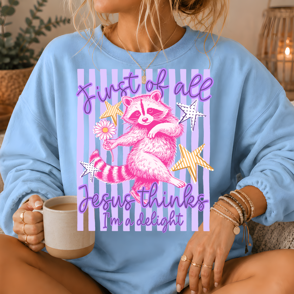 Jesus Thinks I'm a Delight Raccoon Crewneck Sweatshirt