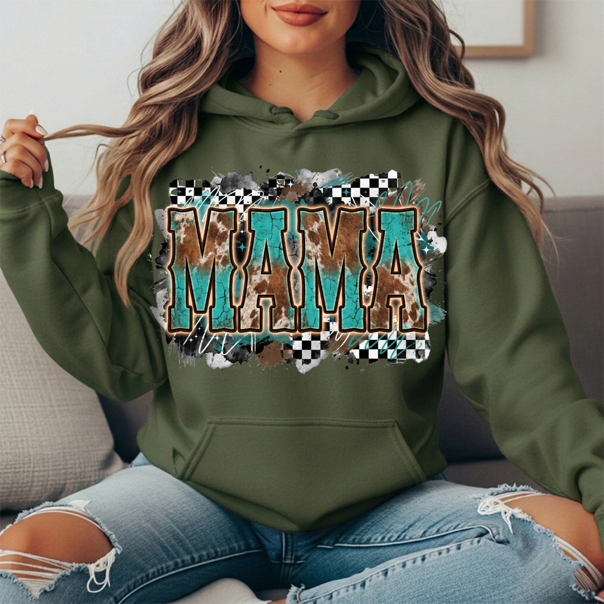 Turquoise Cowhide Mama Western Graphic Hoodie