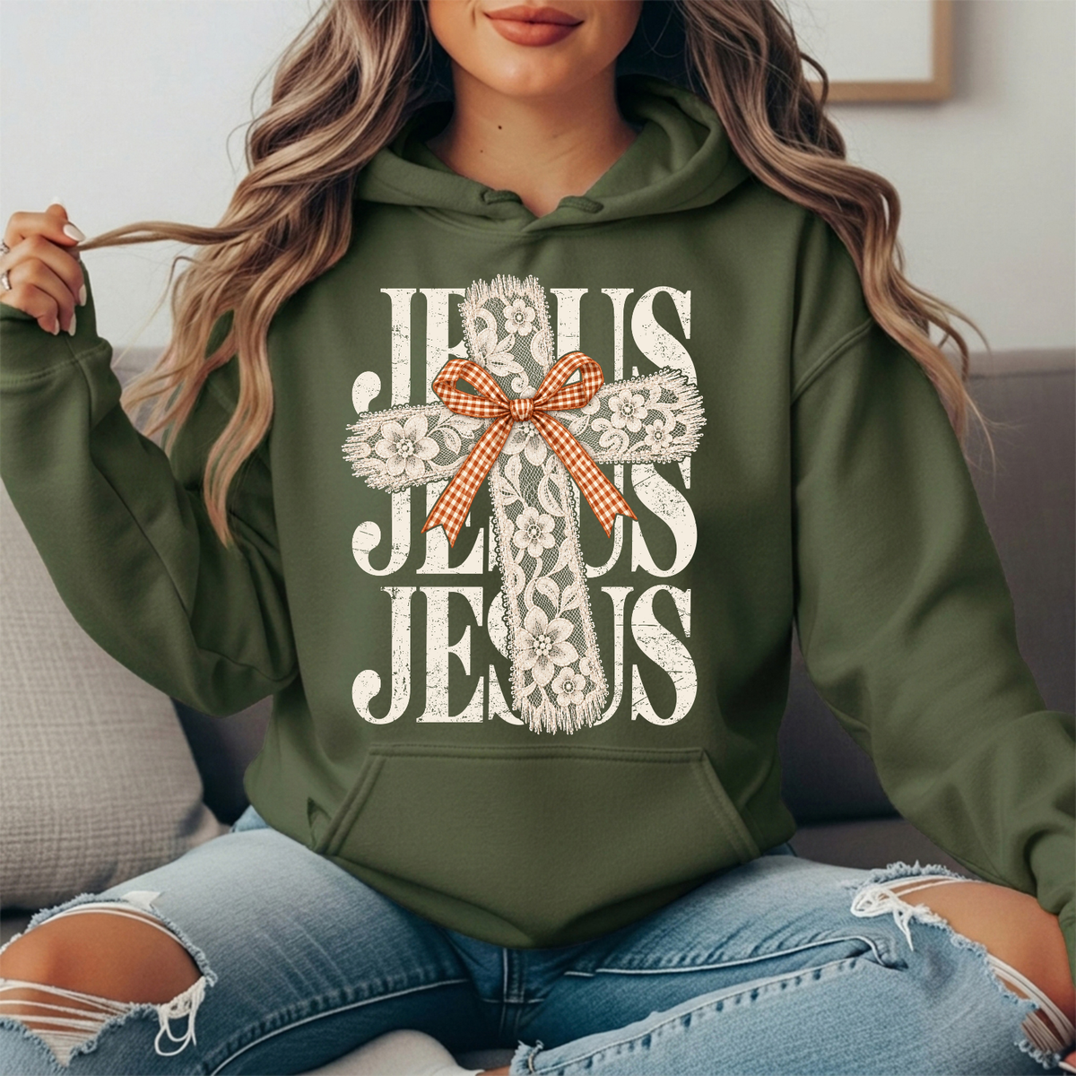Jesus Floral Lace Cross & Gingham Bow Graphic Hoodie