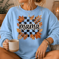 Mama Fall Leaves Checkerboard Crewneck Sweatshirt