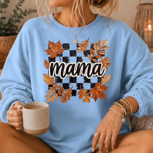 Mama Fall Leaves Checkerboard Crewneck Sweatshirt