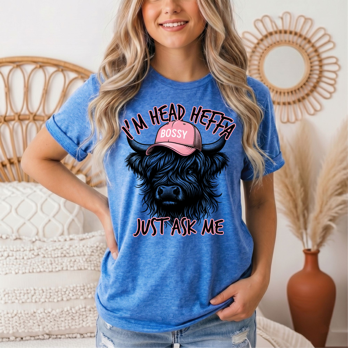 I'm Head Heffa Highland Cow Pink Bossy Cap Graphic Tee