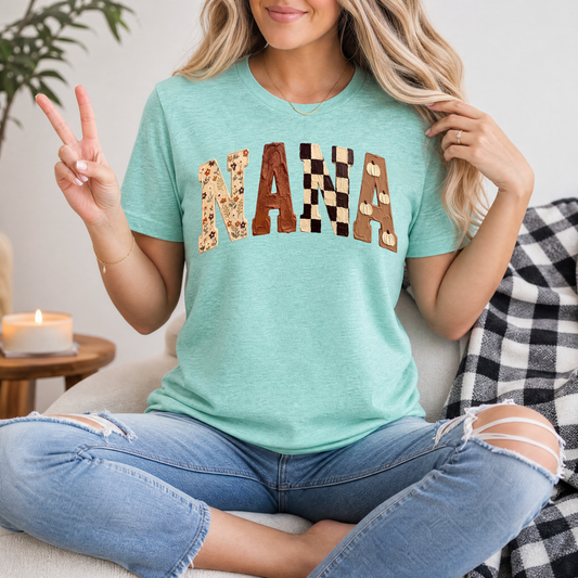 Fall Nana Floral, Checkerboard & Pumpkin Graphic Tee